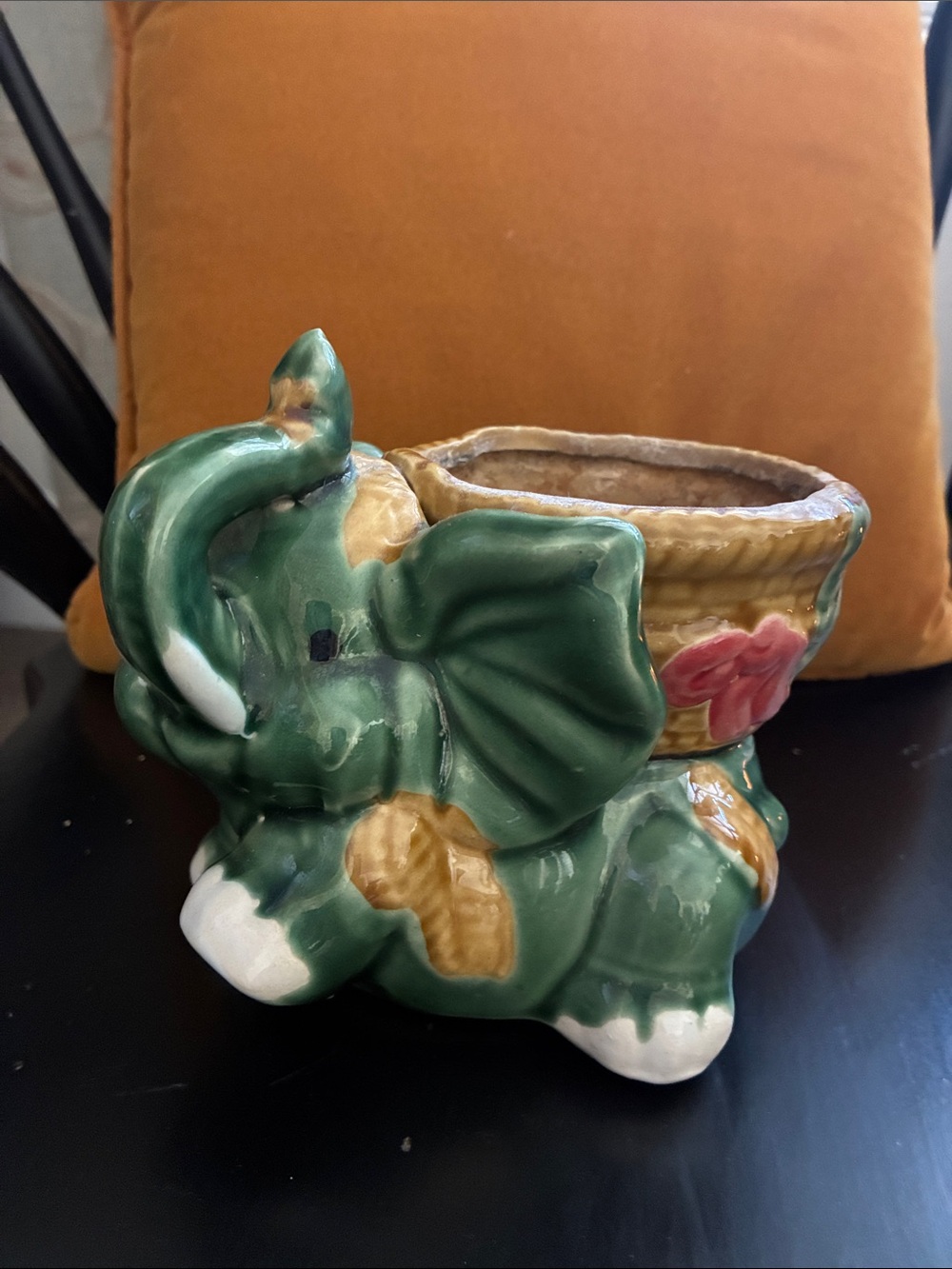 Mid-century Ceramic Majoiolica Style Elephant Planter 6”